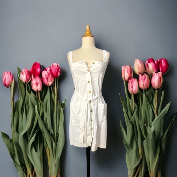 THEORY NWT SALINA DRESS WHITE CRUNCH STRETCH LINEN BELTED BUTTON TANK DR… - Picture 1 of 12